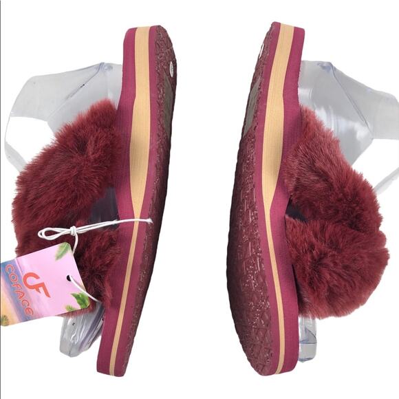 Coface burgundy faux fur open toe slippers 8 (39) - Picture 3 of 7